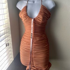 NWT House of CB Tiarra nude ruched mesh midi dress